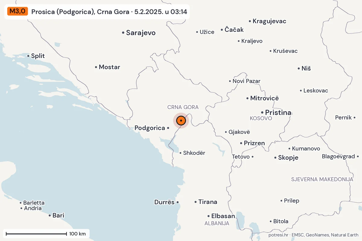Karta: šire područje, 600 km, potres M3,0, Prosica (Podgorica), Crna Gora, 5.2.2025.