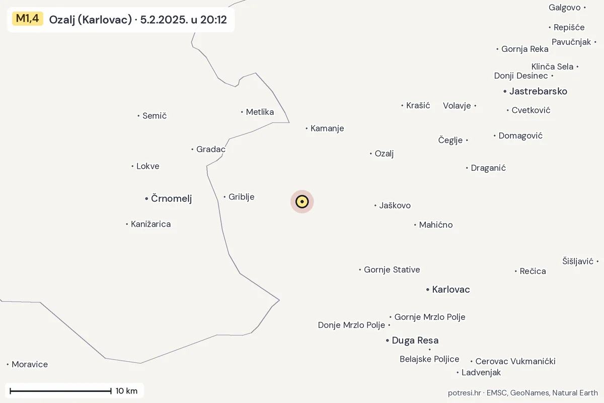 Karta: okolica epicentra, 60 km, potres M1,4, Ozalj (Karlovac), 5.2.2025.