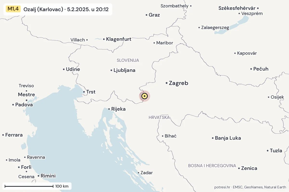 Karta: šire područje, 600 km, potres M1,4, Ozalj (Karlovac), 5.2.2025.