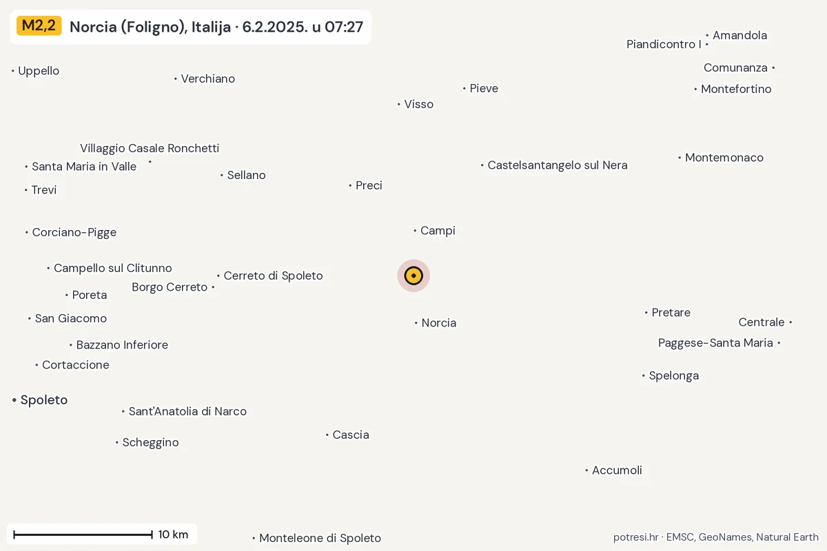 Karta: okolica epicentra, 60 km, potres M2,2, Norcia (Foligno), Italija, 6.2.2025.
