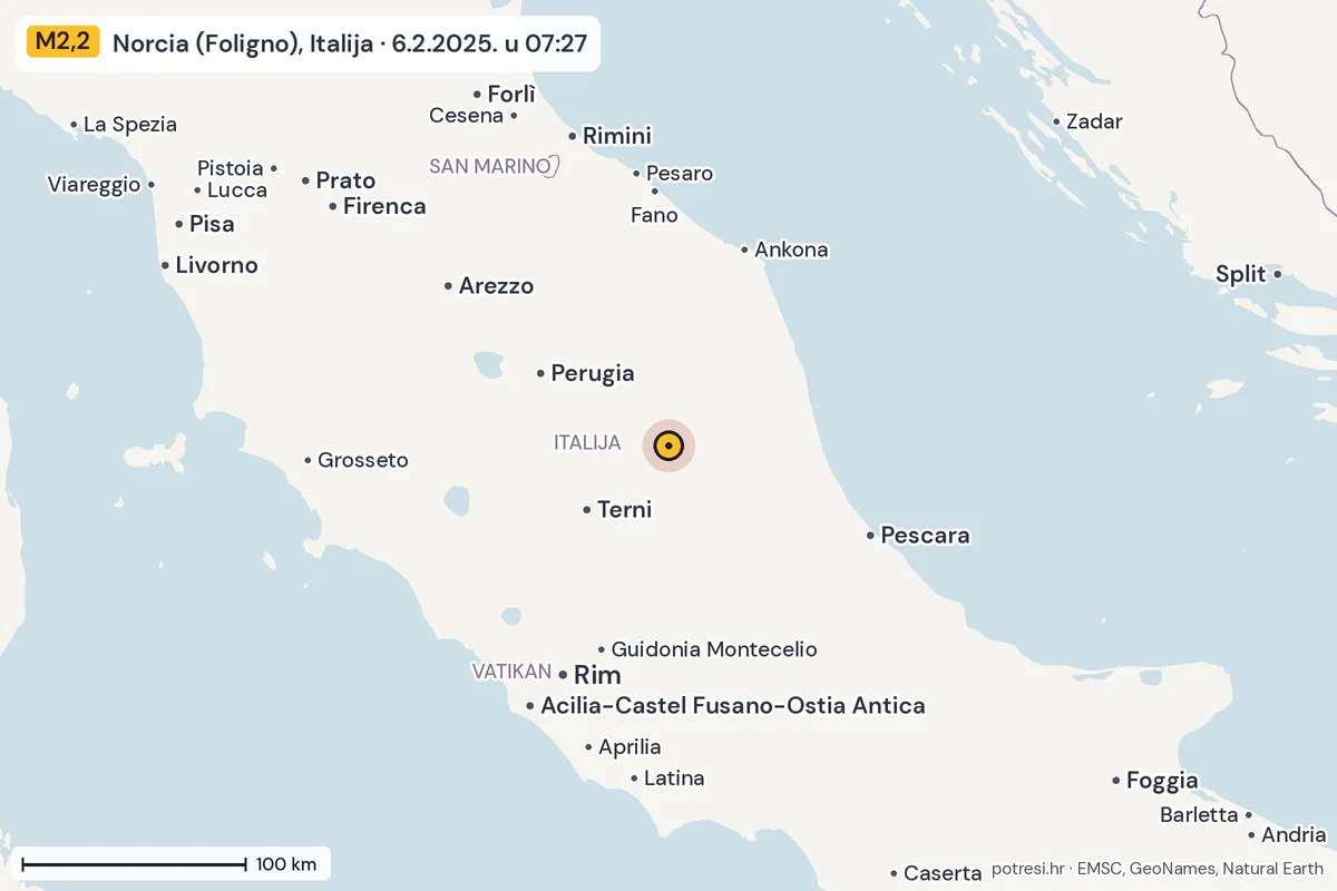 Karta: šire područje, 600 km, potres M2,2, Norcia (Foligno), Italija, 6.2.2025.