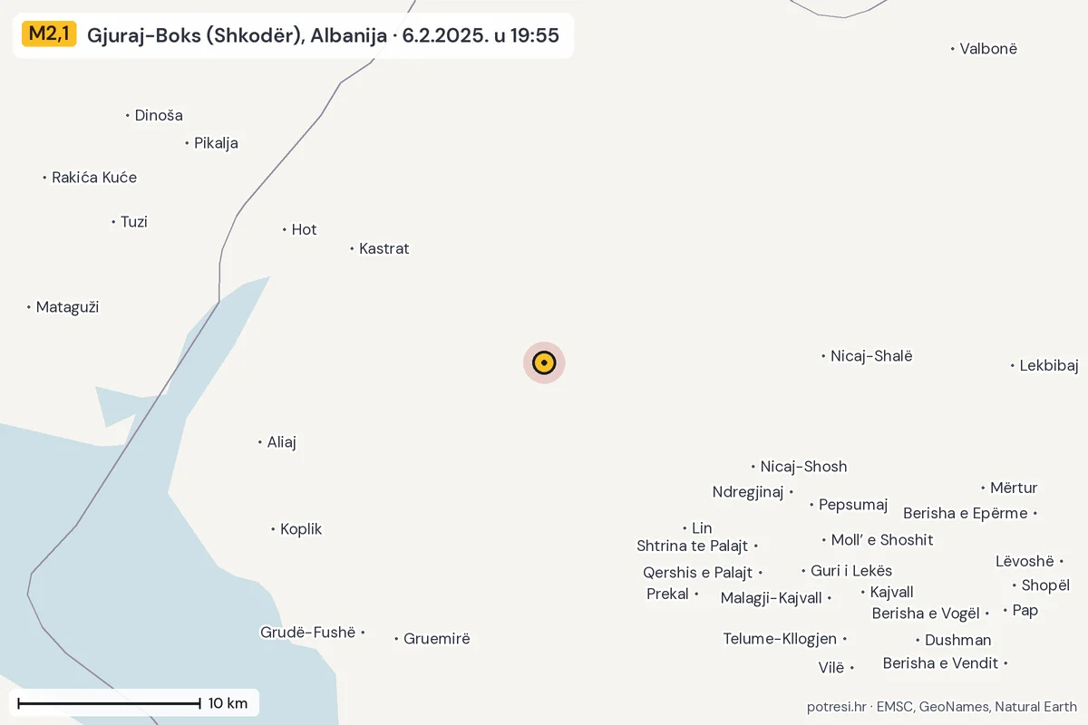 Karta: okolica epicentra, 60 km, potres M2,1, Gjuraj-Boks (Shkodër), Albanija, 6.2.2025.