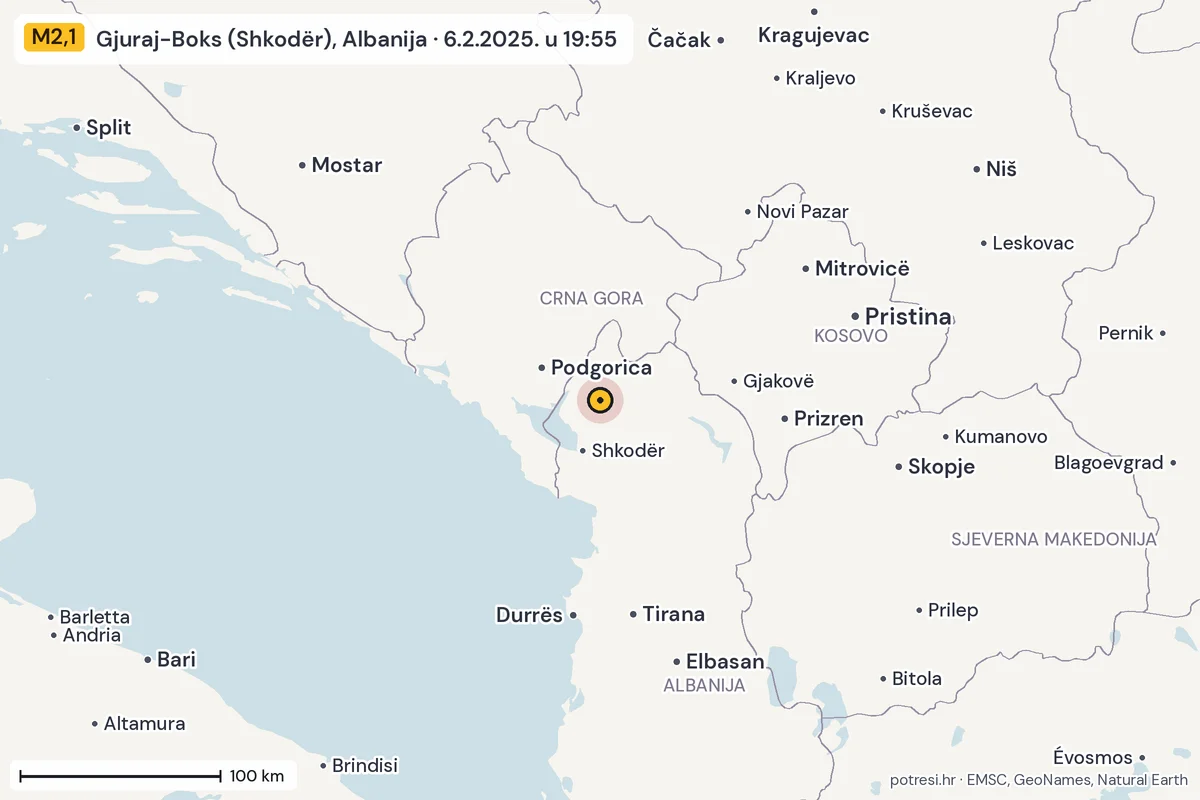 Karta: šire područje, 600 km, potres M2,1, Gjuraj-Boks (Shkodër), Albanija, 6.2.2025.