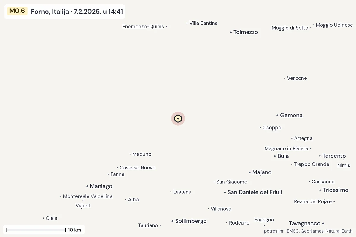 Karta: okolica epicentra, 60 km, potres M0,6, Forno, Italija, 7.2.2025.