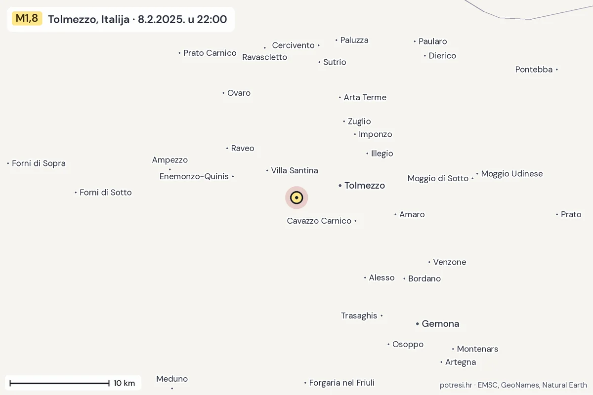 Karta: okolica epicentra, 60 km, potres M1,8, Tolmezzo, Italija, 8.2.2025.