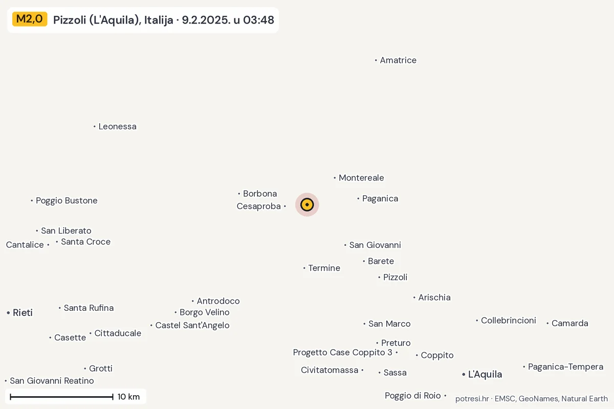 Karta: okolica epicentra, 60 km, potres M2,0, Pizzoli (L'Aquila), Italija, 9.2.2025.