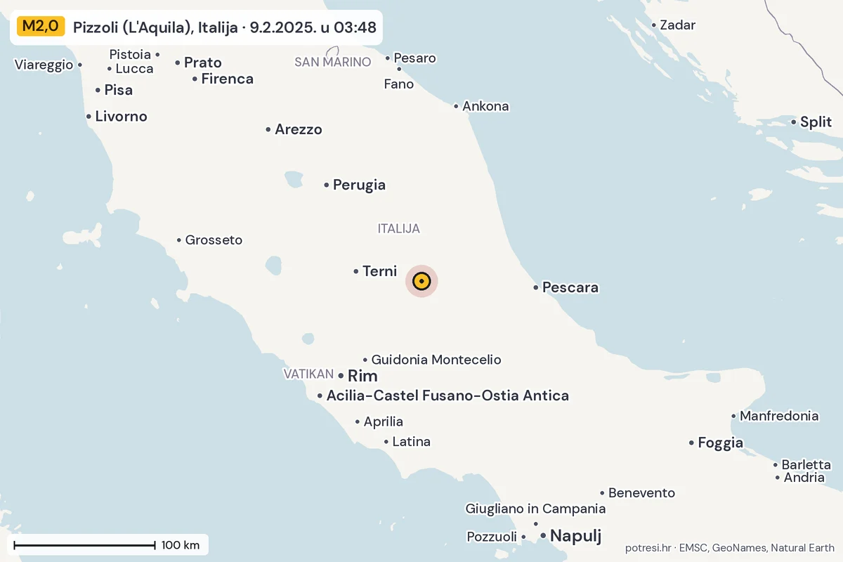 Karta: šire područje, 600 km, potres M2,0, Pizzoli (L'Aquila), Italija, 9.2.2025.