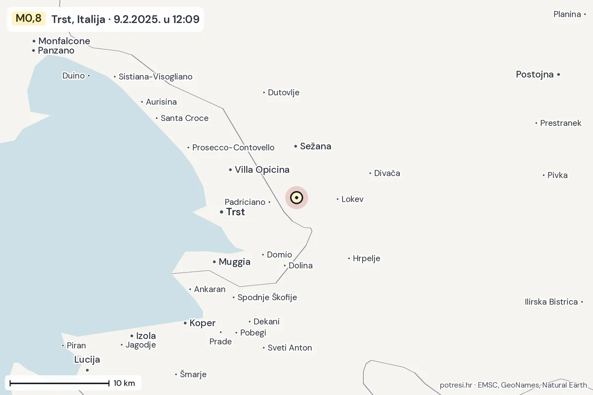 Karta: okolica epicentra, 60 km, potres M0,8, Trst, Italija, 9.2.2025.