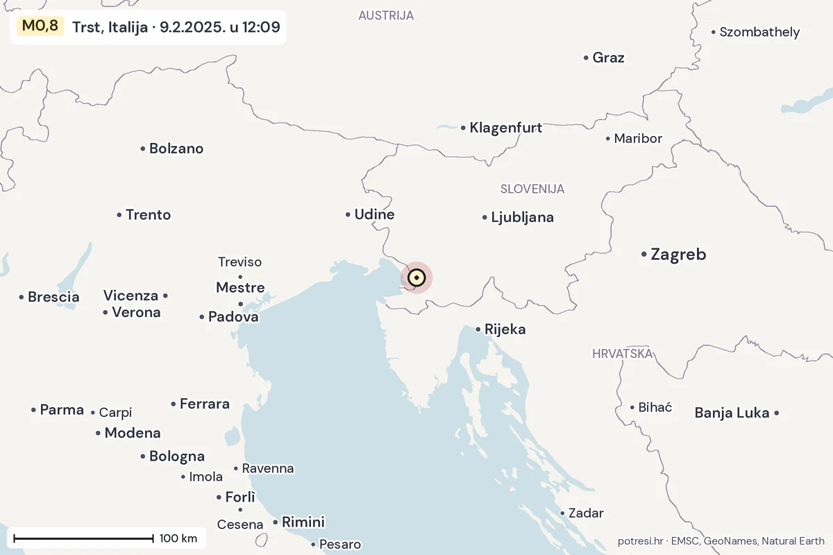 Karta: šire područje, 600 km, potres M0,8, Trst, Italija, 9.2.2025.