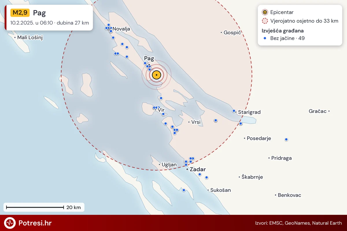 Karta: izvješća građana po jačini, potres M2,9, Pag, 10.2.2025.