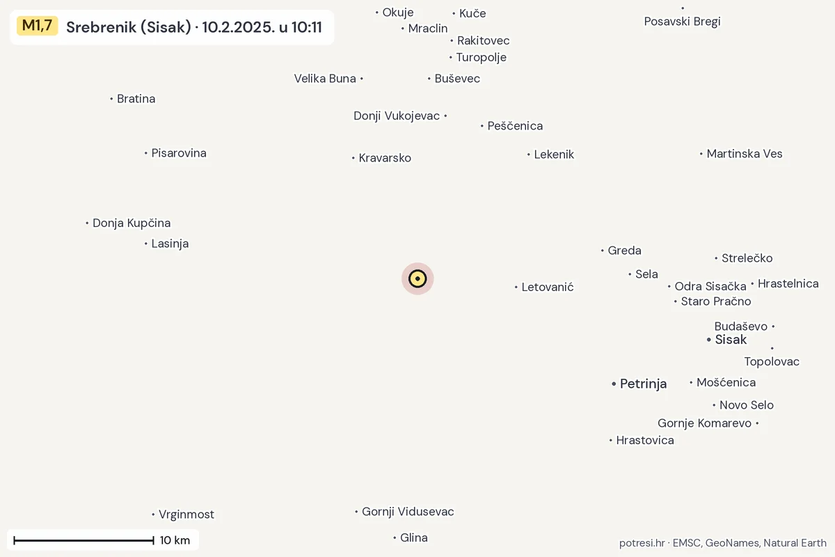 Karta: okolica epicentra, 60 km, potres M1,7, Srebrenik (Sisak), 10.2.2025.