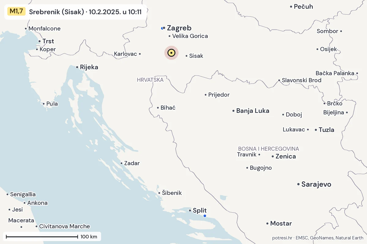 Karta: izvješća građana, potres M1,7, Srebrenik (Sisak), 10.2.2025.