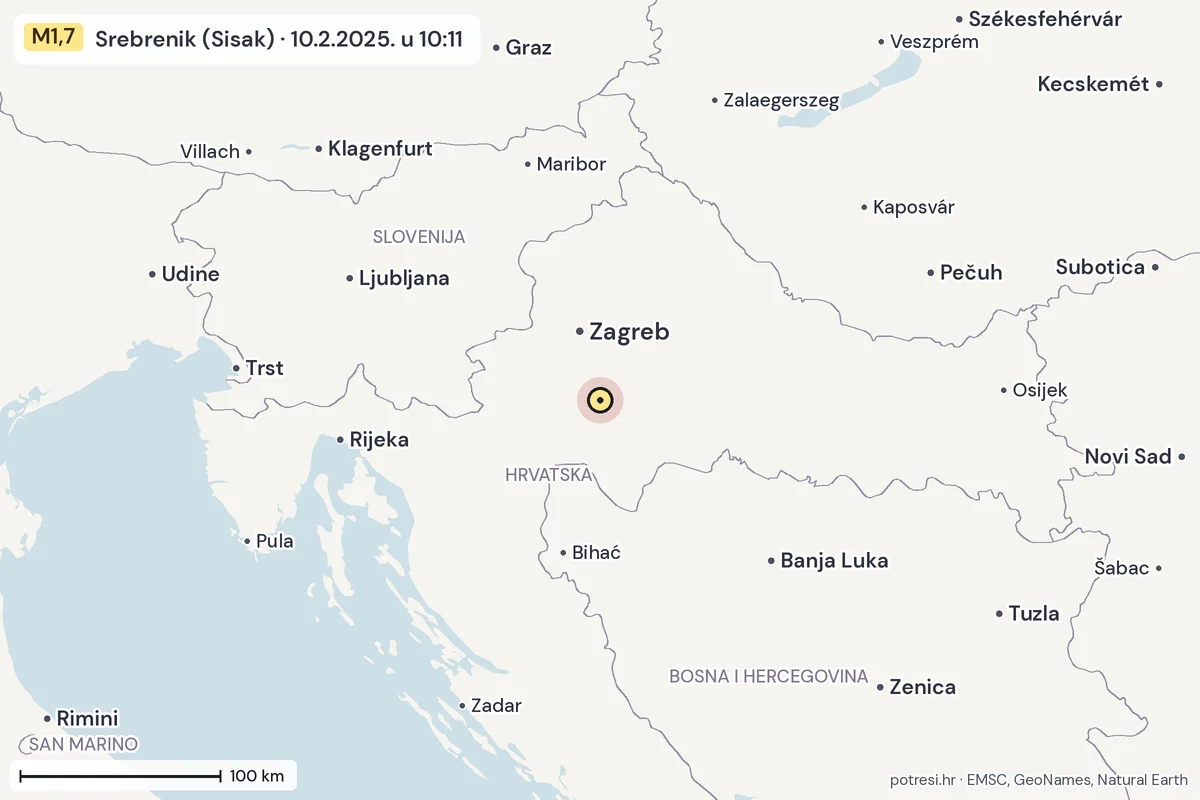 Karta: šire područje, 600 km, potres M1,7, Srebrenik (Sisak), 10.2.2025.