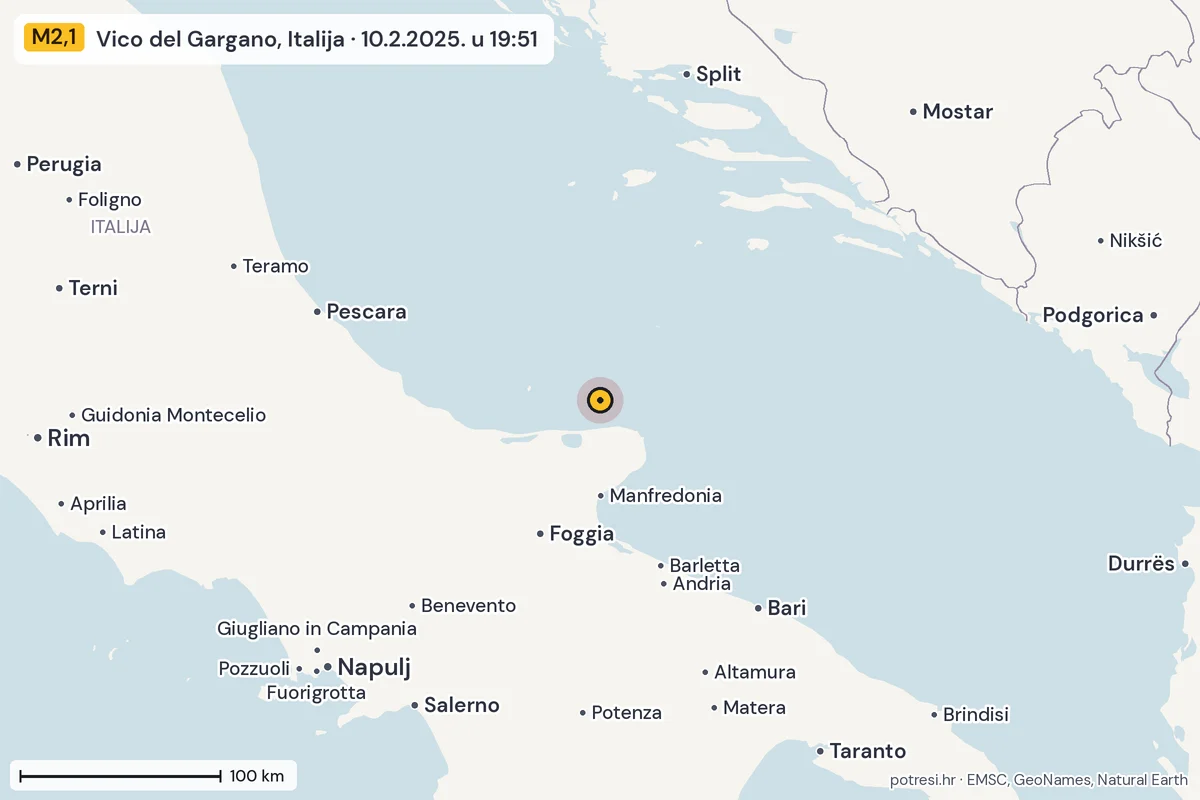 Karta: šire područje, 600 km, potres M2,1, Vico del Gargano, Italija, 10.2.2025.