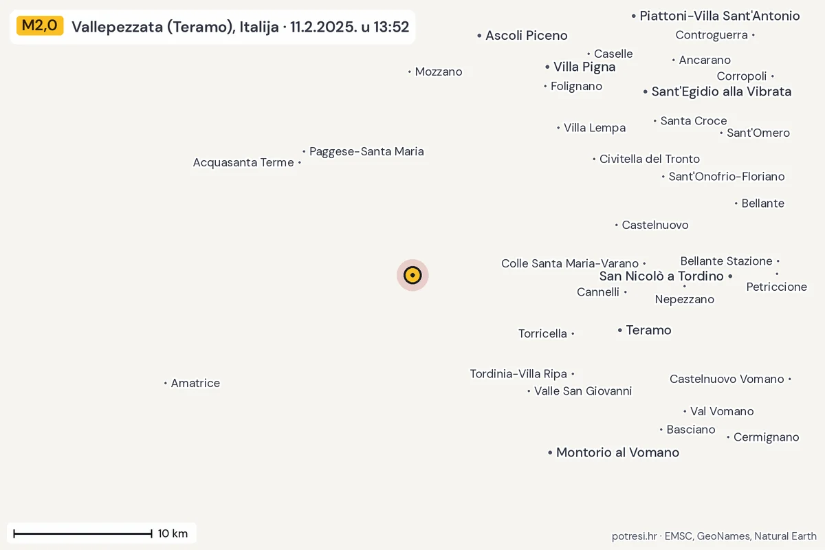 Karta: okolica epicentra, 60 km, potres M2,0, Vallepezzata (Teramo), Italija, 11.2.2025.
