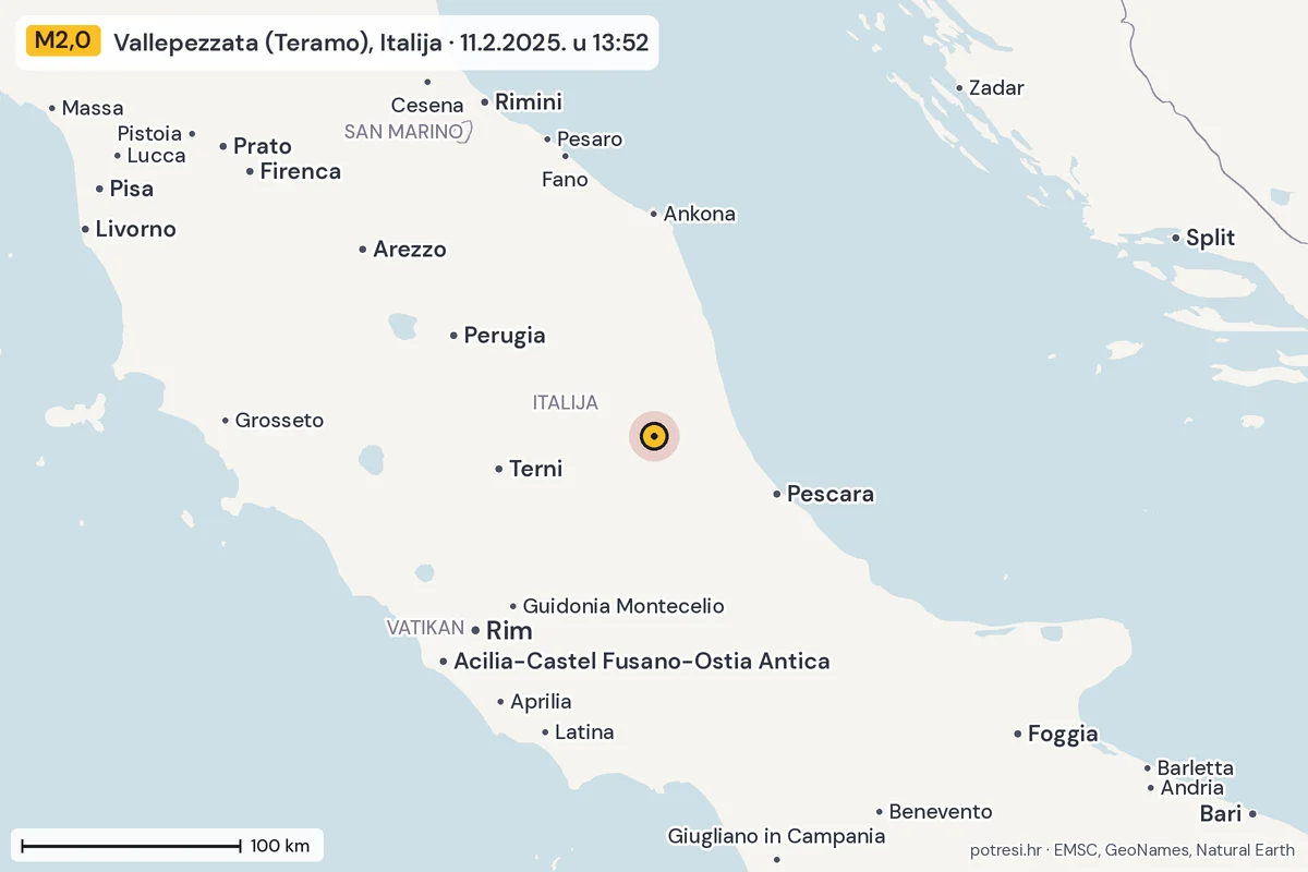 Karta: šire područje, 600 km, potres M2,0, Vallepezzata (Teramo), Italija, 11.2.2025.