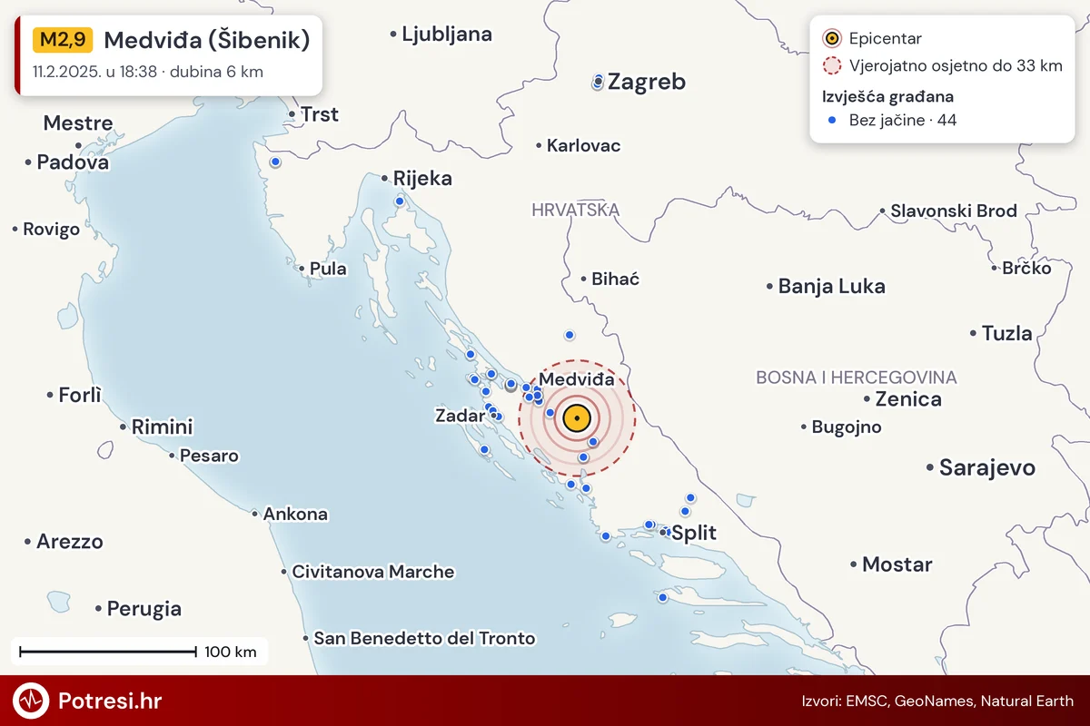 Karta: izvješća građana po jačini, potres M2,9, Medviđa (Šibenik), 11.2.2025.