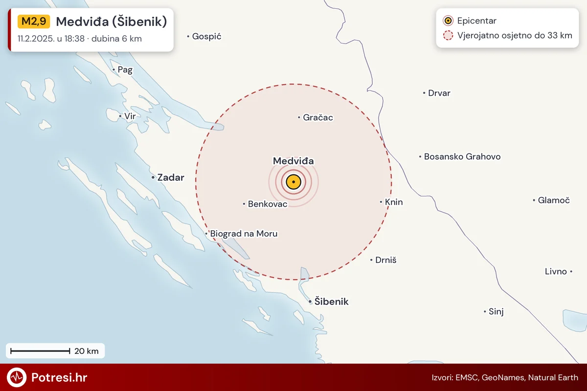 Karta: šire područje i vjerojatni doseg osjeta, potres M2,9, Medviđa (Šibenik), 11.2.2025.