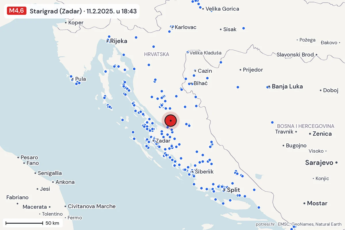 Karta: izvješća građana, potres M4,6, Starigrad (Zadar), 11.2.2025.