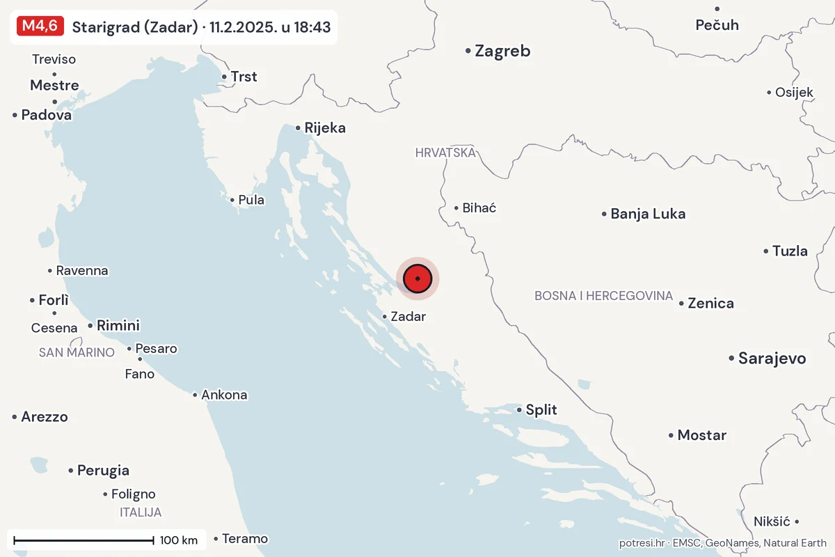 Karta: šire područje, 600 km, potres M4,6, Starigrad (Zadar), 11.2.2025.