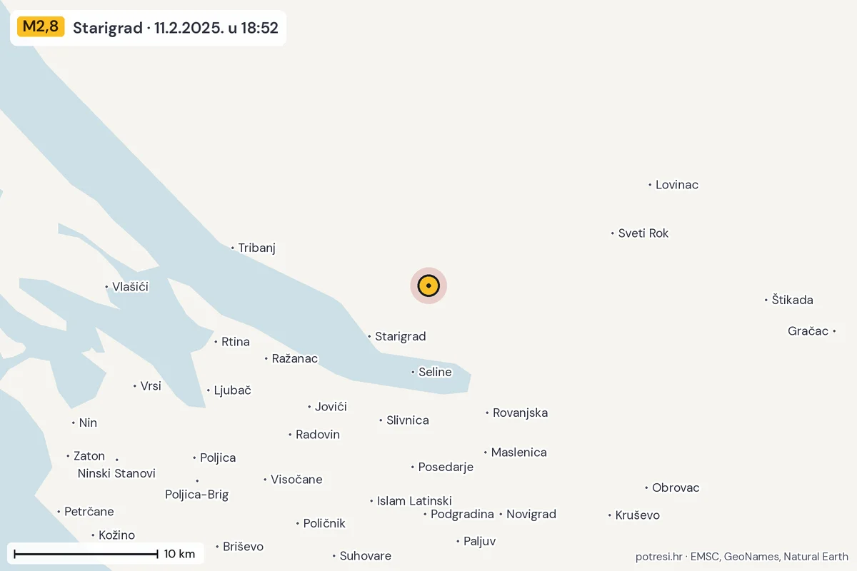 Karta: okolica epicentra, 60 km, potres M2,8, Starigrad, 11.2.2025.