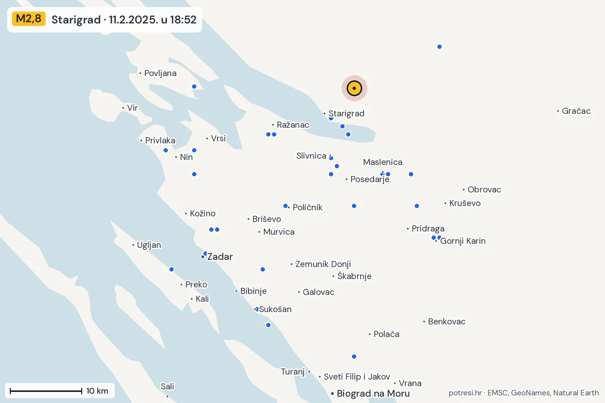 Karta: izvješća građana, potres M2,8, Starigrad, 11.2.2025.