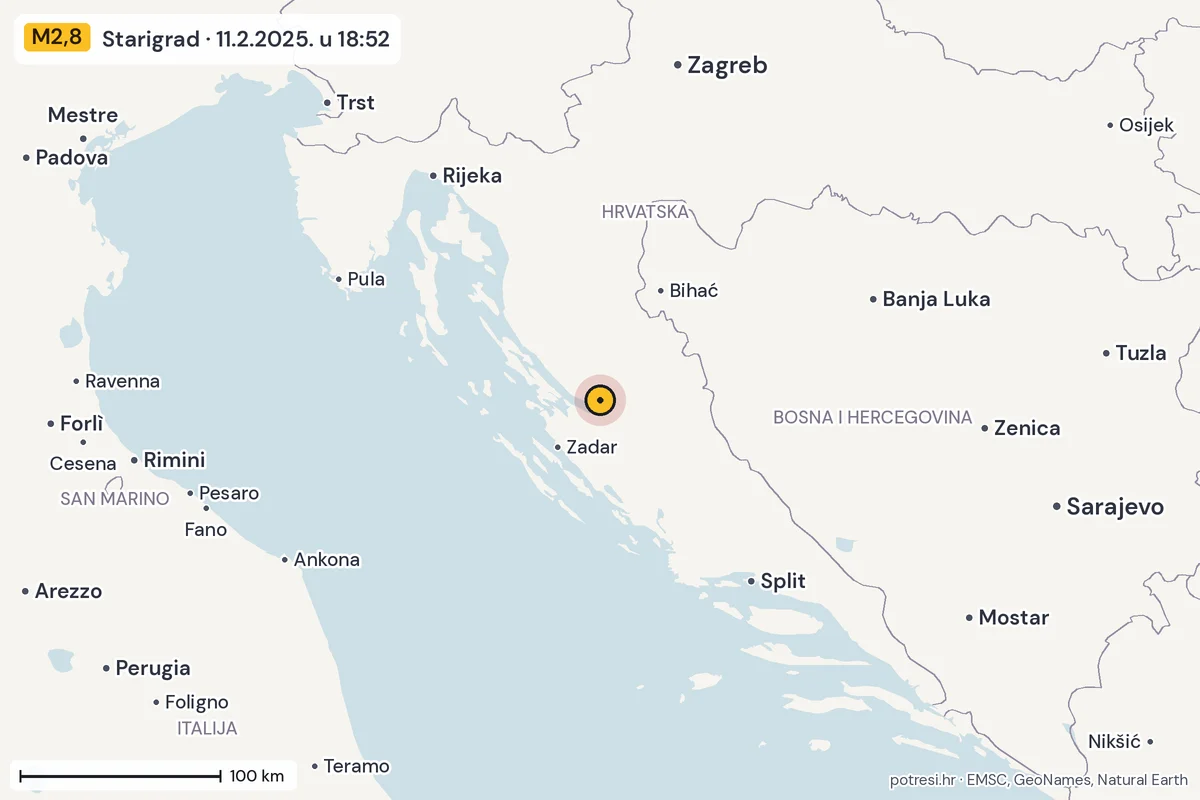 Karta: šire područje, 600 km, potres M2,8, Starigrad, 11.2.2025.