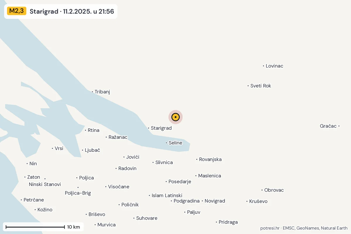 Karta: okolica epicentra, 60 km, potres M2,3, Starigrad, 11.2.2025.