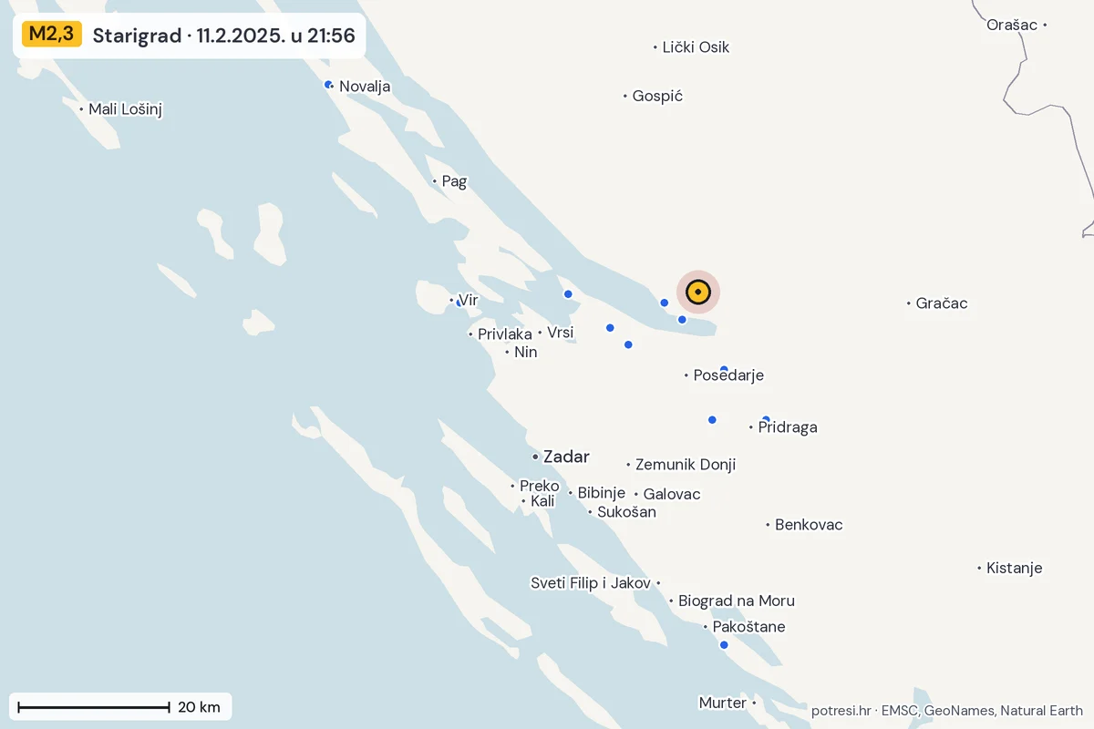 Karta: izvješća građana, potres M2,3, Starigrad, 11.2.2025.