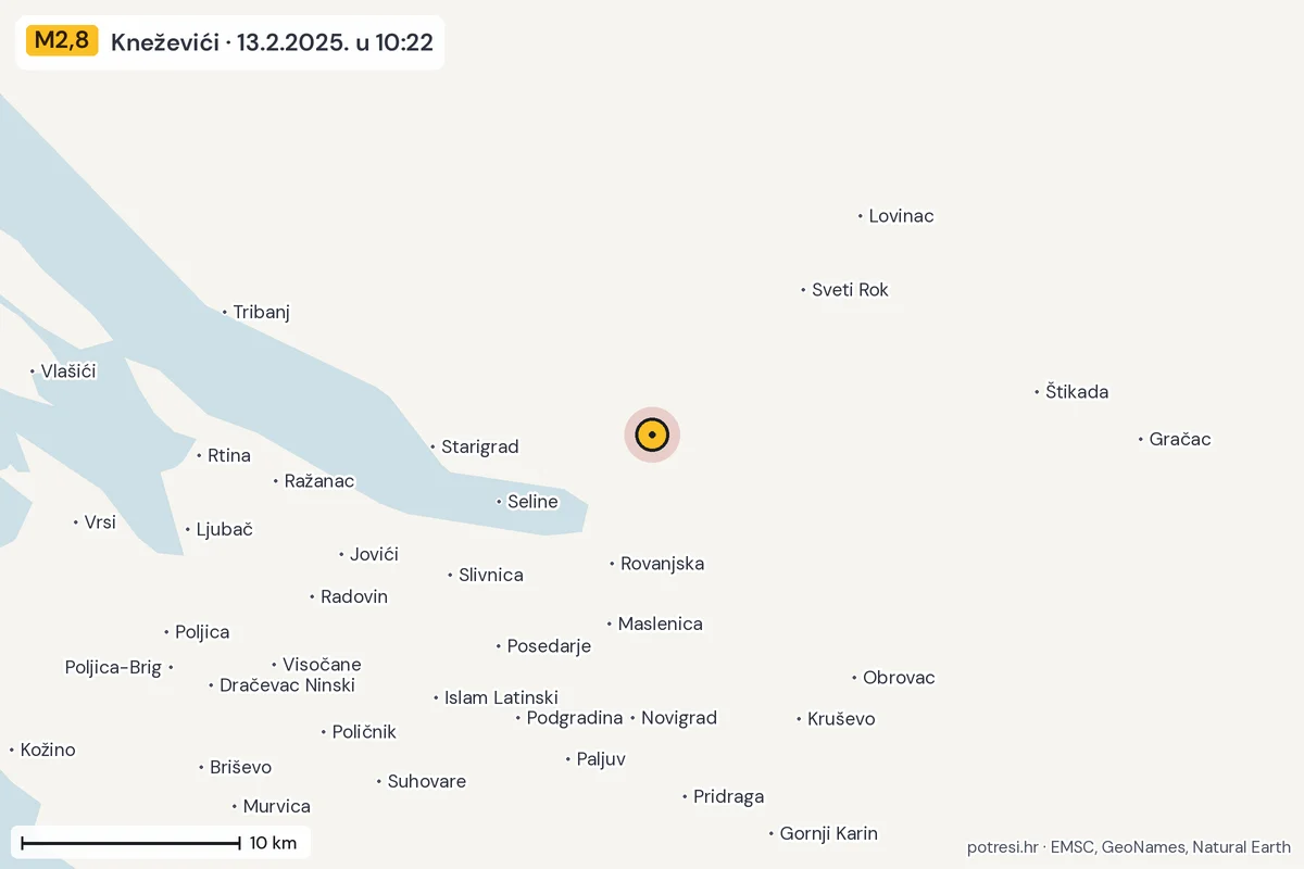 Karta: okolica epicentra, 60 km, potres M2,8, Kneževići, 13.2.2025.