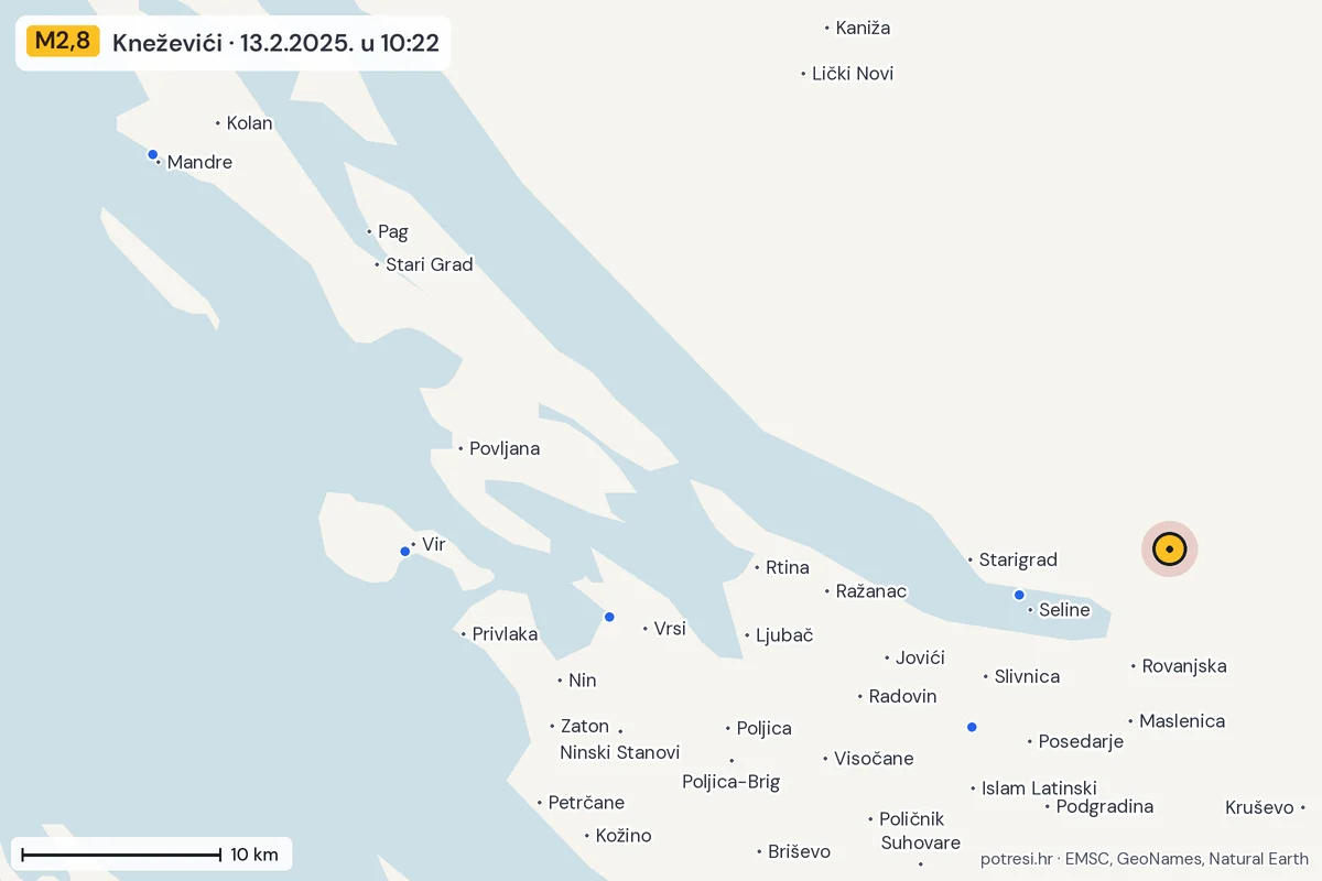 Karta: izvješća građana, potres M2,8, Kneževići, 13.2.2025.