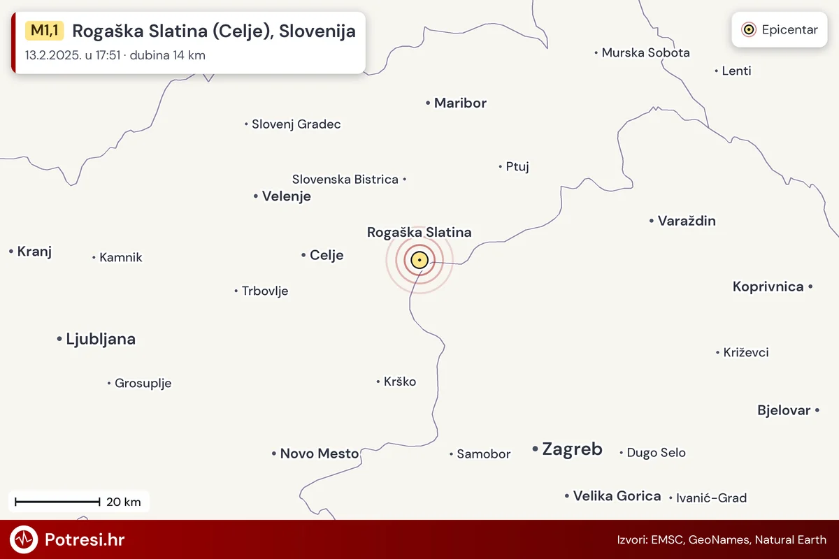 Karta: šire područje i vjerojatni doseg osjeta, potres M1,1, Rogaška Slatina (Celje), Slovenija, 13.2.2025.
