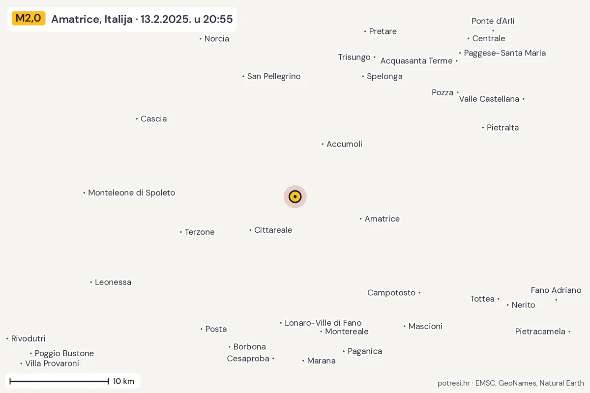 Karta: okolica epicentra, 60 km, potres M2,0, Amatrice, Italija, 13.2.2025.