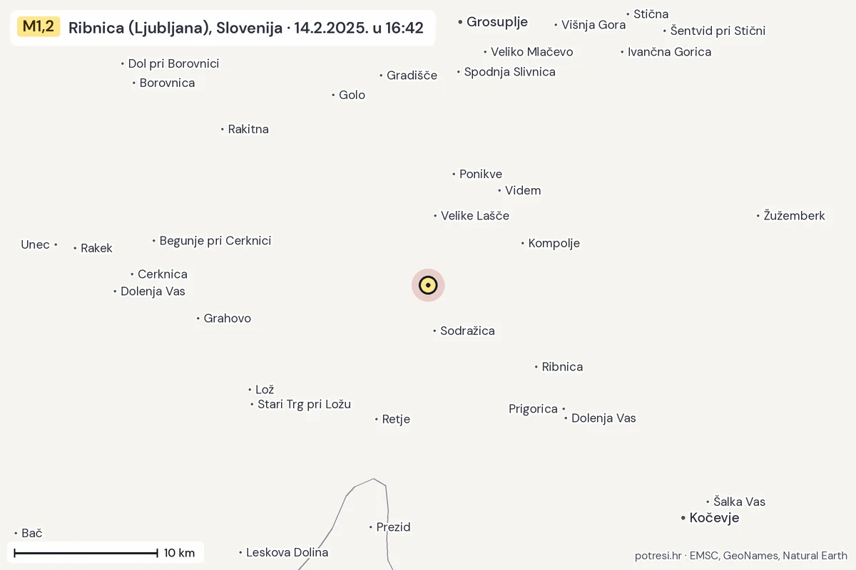 Karta: okolica epicentra, 60 km, potres M1,2, Ribnica (Ljubljana), Slovenija, 14.2.2025.