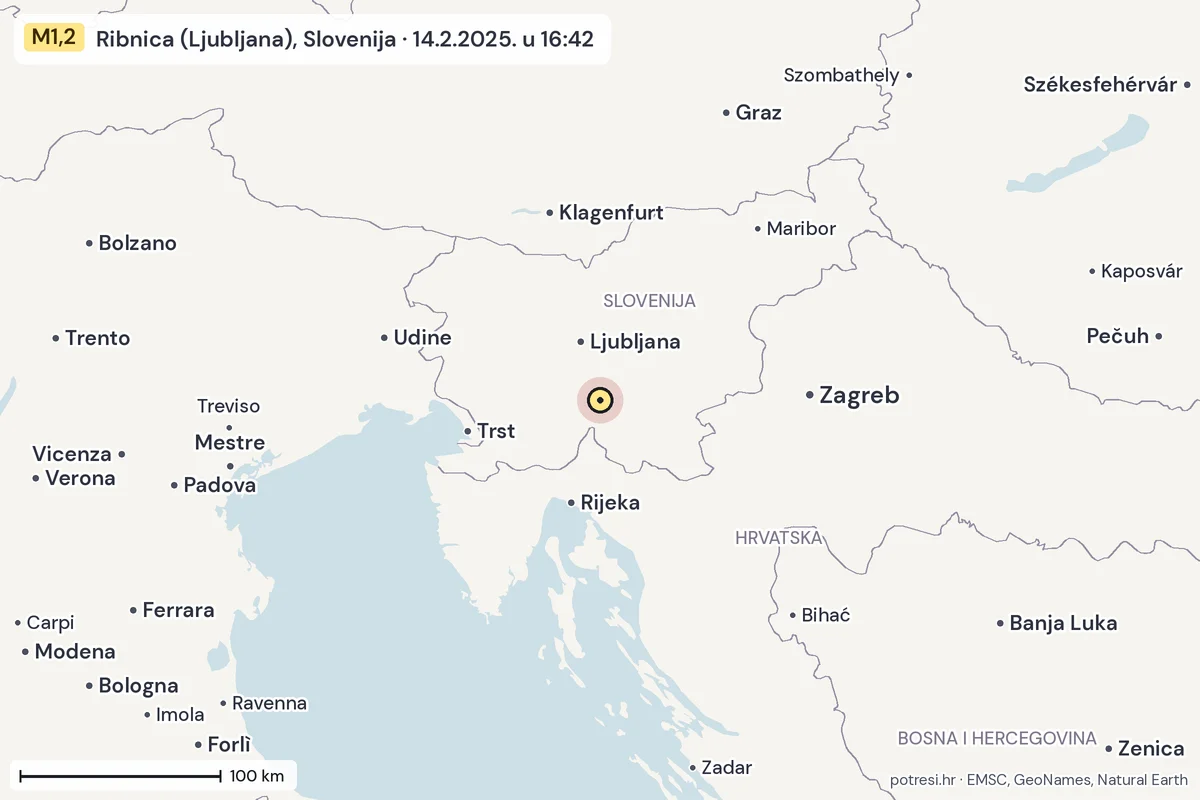 Karta: šire područje, 600 km, potres M1,2, Ribnica (Ljubljana), Slovenija, 14.2.2025.
