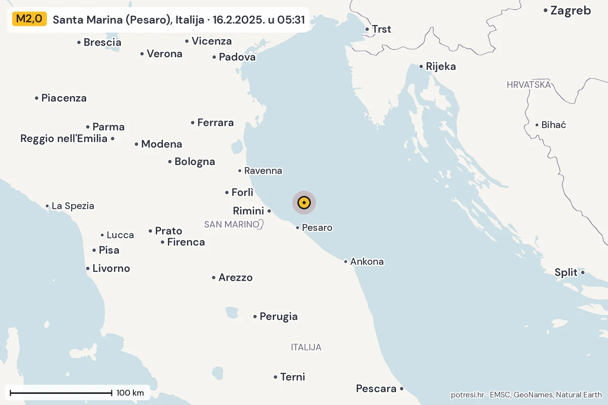 Karta: šire područje, 600 km, potres M2,0, Santa Marina (Pesaro), Italija, 16.2.2025.