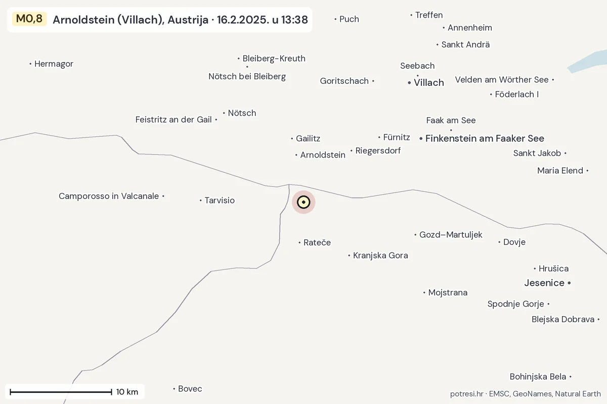 Karta: okolica epicentra, 60 km, potres M0,8, Arnoldstein (Villach), Austrija, 16.2.2025.
