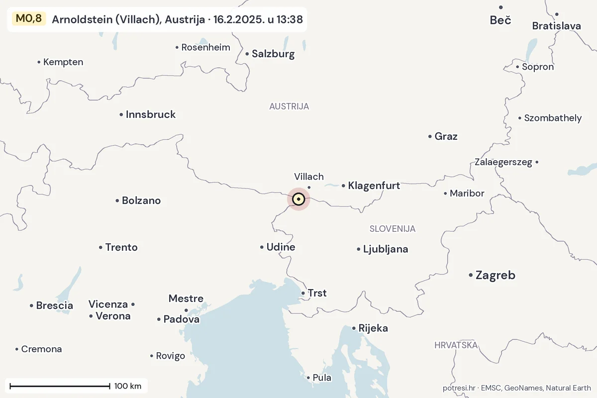Karta: šire područje, 600 km, potres M0,8, Arnoldstein (Villach), Austrija, 16.2.2025.