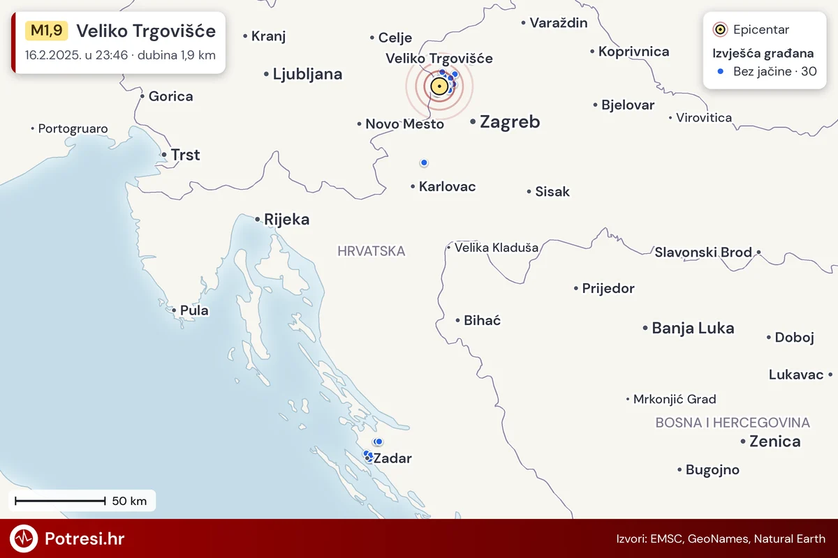 Karta: izvješća građana po jačini, potres M1,9, Veliko Trgovišće, 16.2.2025.