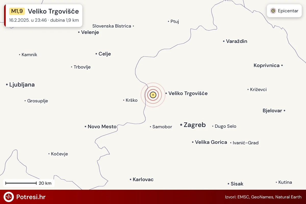 Karta: šire područje i vjerojatni doseg osjeta, potres M1,9, Veliko Trgovišće, 16.2.2025.