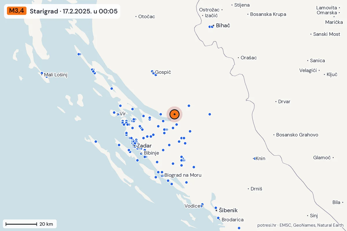 Karta: izvješća građana, potres M3,4, Starigrad, 17.2.2025.