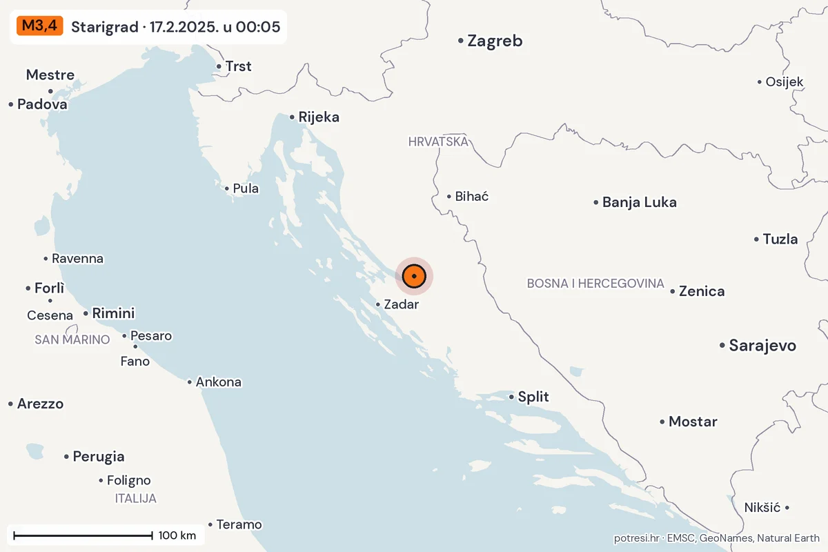Karta: šire područje, 600 km, potres M3,4, Starigrad, 17.2.2025.