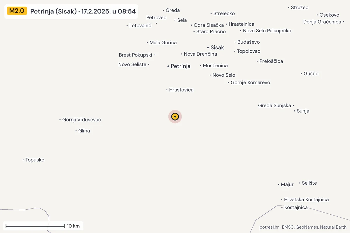 Karta: okolica epicentra, 60 km, potres M2,0, Petrinja (Sisak), 17.2.2025.