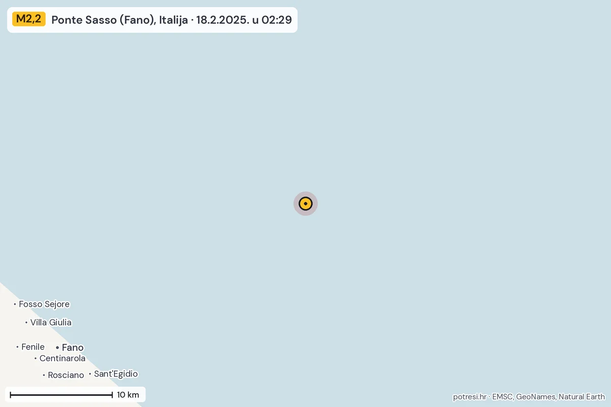 Karta: okolica epicentra, 60 km, potres M2,2, Ponte Sasso (Fano), Italija, 18.2.2025.