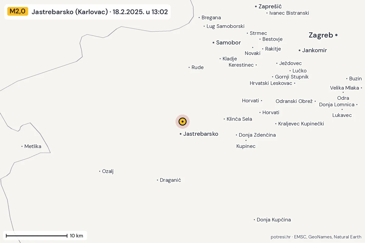 Karta: okolica epicentra, 60 km, potres M2,0, Jastrebarsko (Karlovac), 18.2.2025.