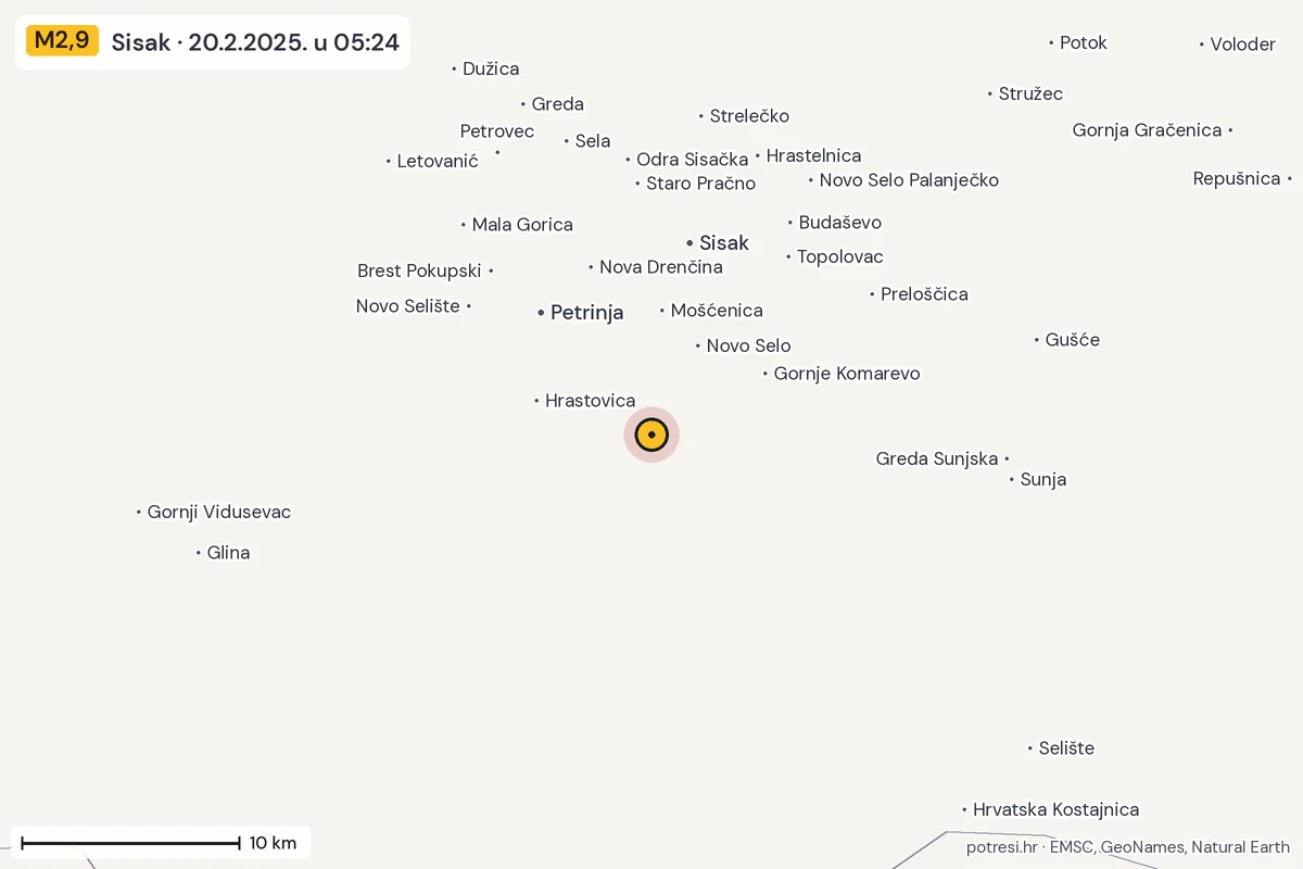 Karta: okolica epicentra, 60 km, potres M2,9, Sisak, 20.2.2025.