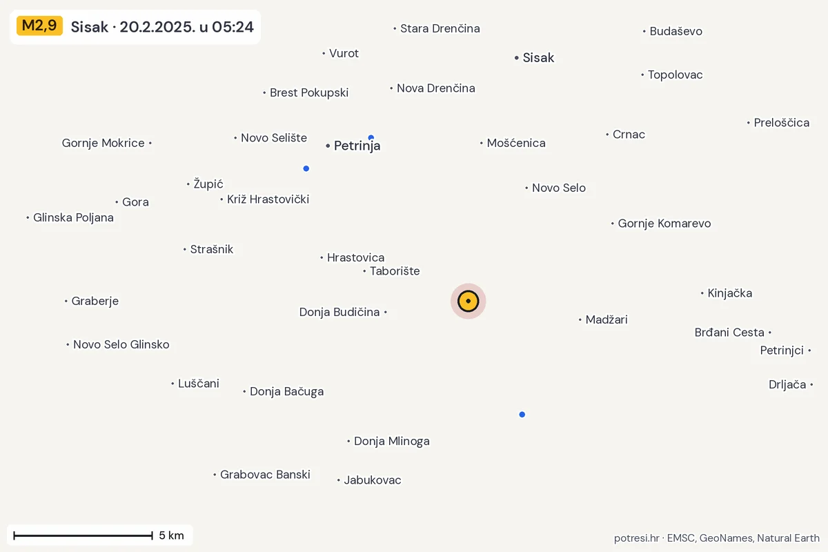 Karta: izvješća građana, potres M2,9, Sisak, 20.2.2025.