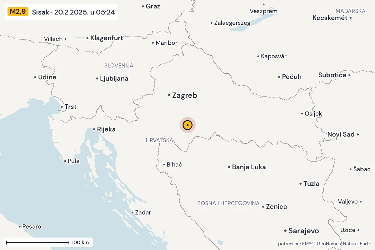 Karta: šire područje, 600 km, potres M2,9, Sisak, 20.2.2025.
