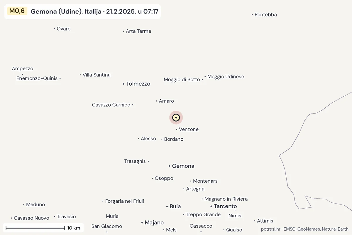 Karta: okolica epicentra, 60 km, potres M0,6, Gemona (Udine), Italija, 21.2.2025.