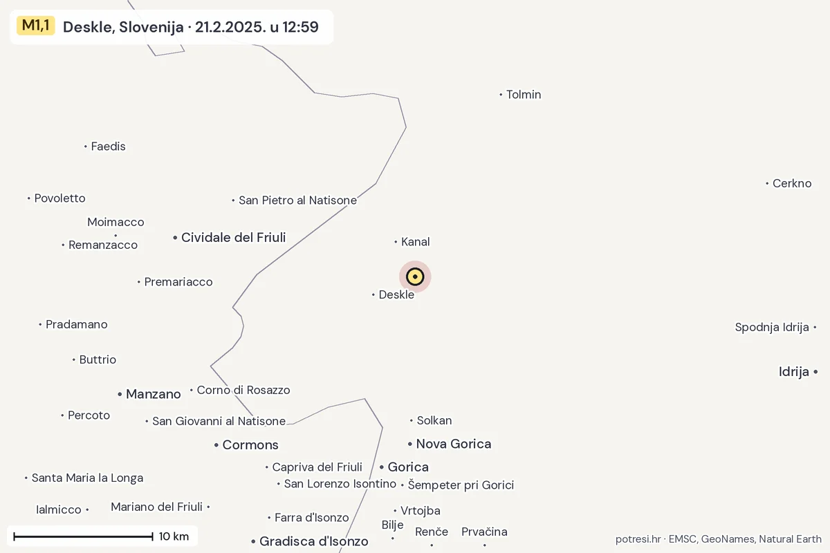 Karta: okolica epicentra, 60 km, potres M1,1, Deskle, Slovenija, 21.2.2025.
